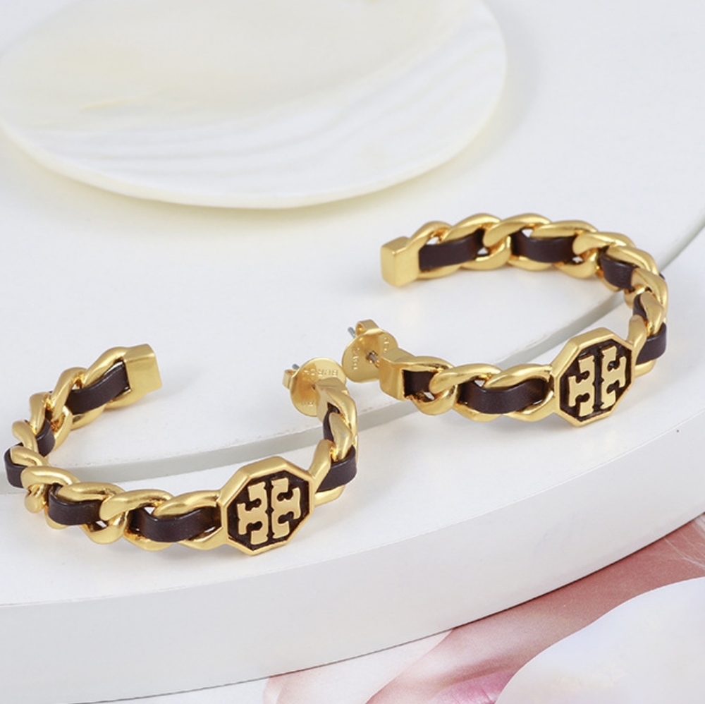 Tory Burch Golden and black leather inlay with double T logo hoop earrin…